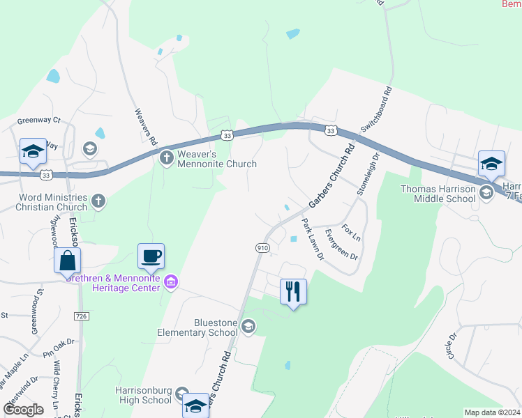 map of restaurants, bars, coffee shops, grocery stores, and more near 1860 Glanzer Court in Harrisonburg