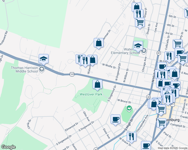 map of restaurants, bars, coffee shops, grocery stores, and more near 850 West Market Street in Harrisonburg