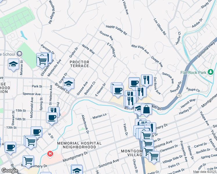 map of restaurants, bars, coffee shops, grocery stores, and more near 2011 Siesta Lane in Santa Rosa