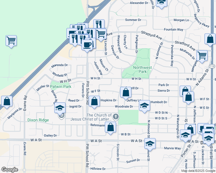 map of restaurants, bars, coffee shops, grocery stores, and more near 1200 Cunningham Drive in Dixon