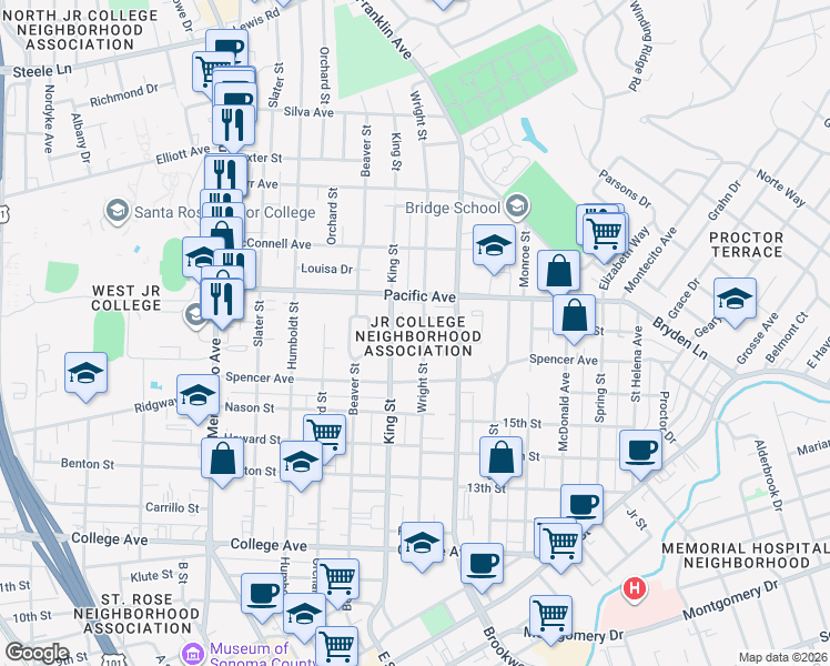 map of restaurants, bars, coffee shops, grocery stores, and more near 1050 King Street in Santa Rosa