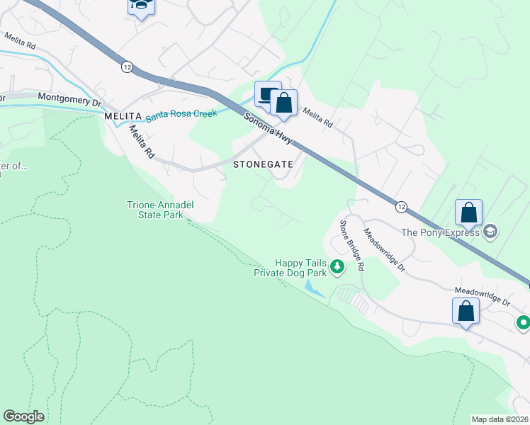 map of restaurants, bars, coffee shops, grocery stores, and more near 425 Elnoka Lane in Santa Rosa