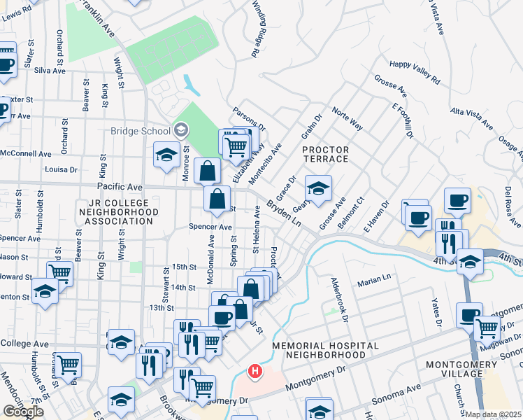 map of restaurants, bars, coffee shops, grocery stores, and more near 1228 St Helena Ave in Santa Rosa