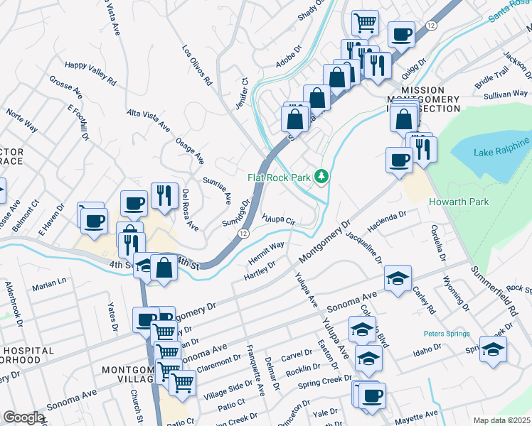 map of restaurants, bars, coffee shops, grocery stores, and more near 116 Yulupa Cir in Santa Rosa