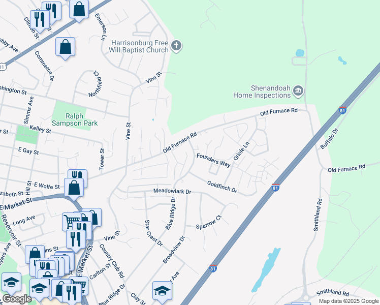 map of restaurants, bars, coffee shops, grocery stores, and more near 1112 Blue Ridge Drive in Harrisonburg