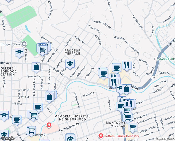 map of restaurants, bars, coffee shops, grocery stores, and more near 2030 Augustan Avenue in Santa Rosa