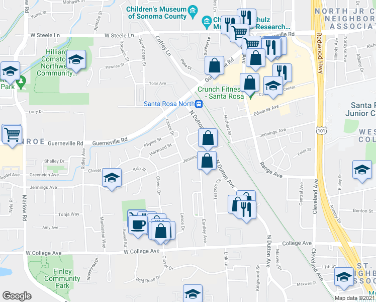 map of restaurants, bars, coffee shops, grocery stores, and more near 1213 Jennings Avenue in Santa Rosa