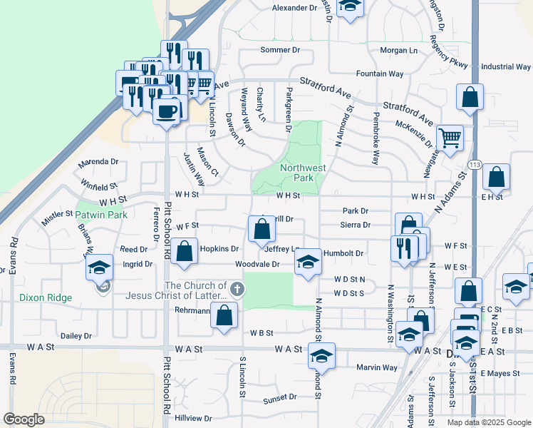 map of restaurants, bars, coffee shops, grocery stores, and more near 780 Cahill Court in Dixon