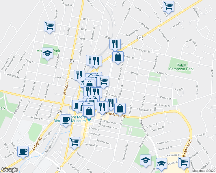 map of restaurants, bars, coffee shops, grocery stores, and more near 103 East Rock Street in Harrisonburg