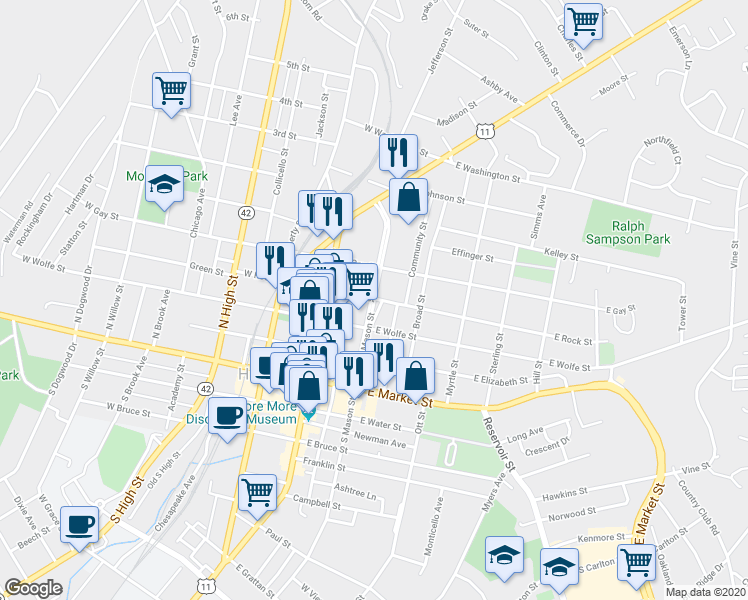 map of restaurants, bars, coffee shops, grocery stores, and more near North Mason Street in Harrisonburg