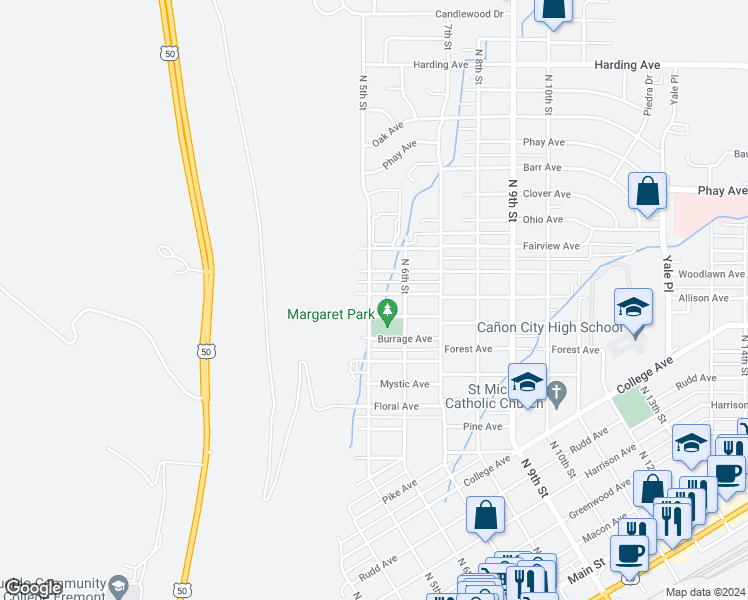 map of restaurants, bars, coffee shops, grocery stores, and more near 502 Allison Avenue in Cañon City