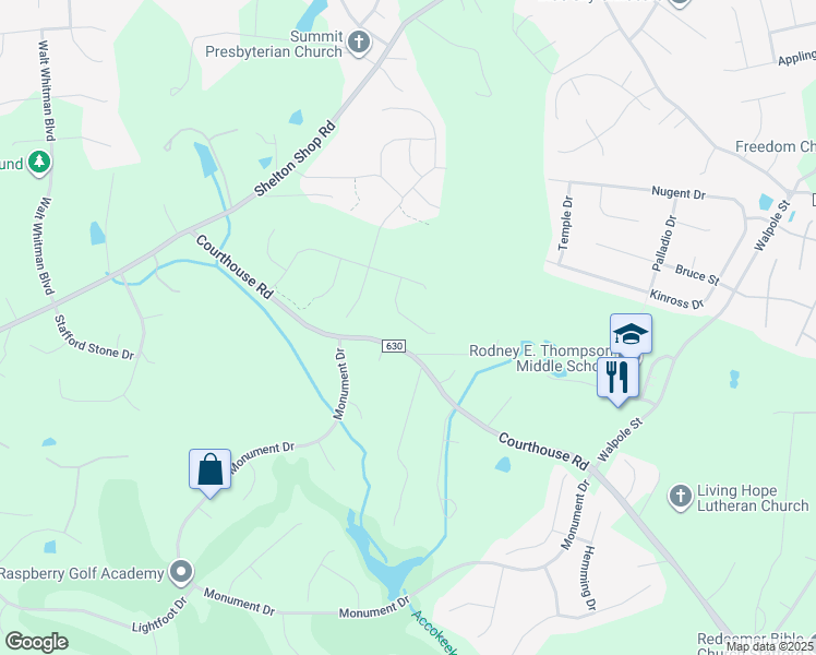 map of restaurants, bars, coffee shops, grocery stores, and more near 114 Old Oaks Court in Stafford