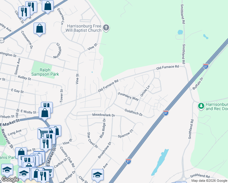 map of restaurants, bars, coffee shops, grocery stores, and more near 1116 Blue Ridge Drive in Harrisonburg