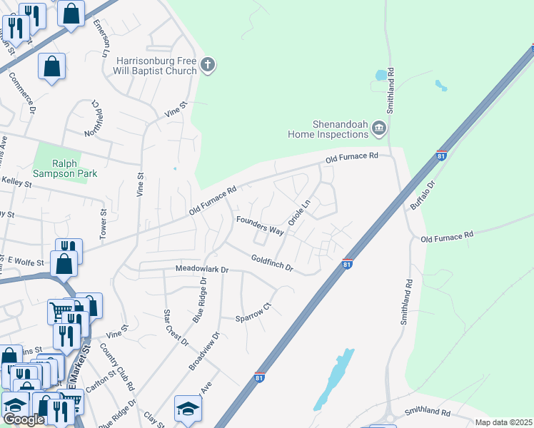 map of restaurants, bars, coffee shops, grocery stores, and more near 1133 Bluebird Court in Harrisonburg