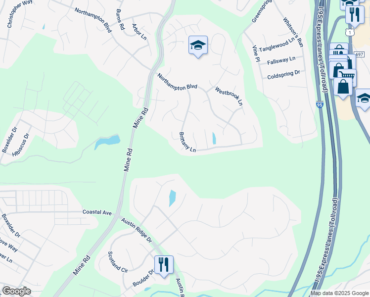 map of restaurants, bars, coffee shops, grocery stores, and more near 33 Brittany Lane in Stafford