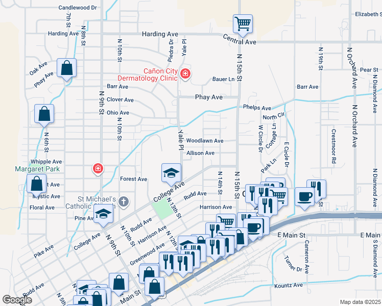 map of restaurants, bars, coffee shops, grocery stores, and more near 1344 Woodlawn Ave in Cañon City