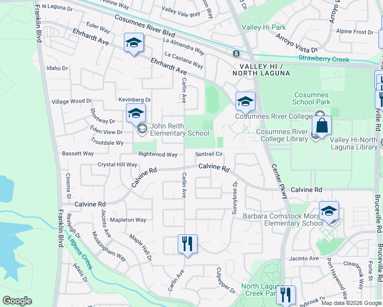map of restaurants, bars, coffee shops, grocery stores, and more near 8401 Carlin Avenue in Sacramento