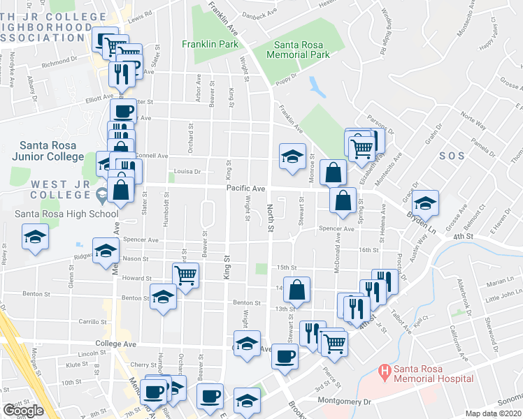 map of restaurants, bars, coffee shops, grocery stores, and more near in Santa Rosa