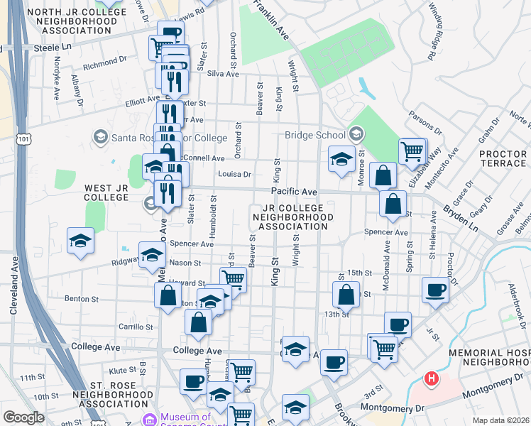 map of restaurants, bars, coffee shops, grocery stores, and more near 1182 Neale Drive in Santa Rosa