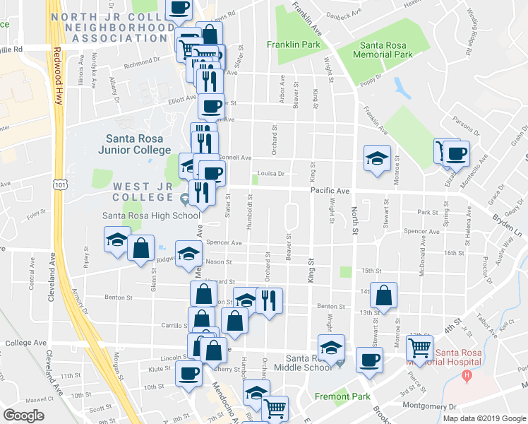 map of restaurants, bars, coffee shops, grocery stores, and more near 1147 Orchard Street in Santa Rosa
