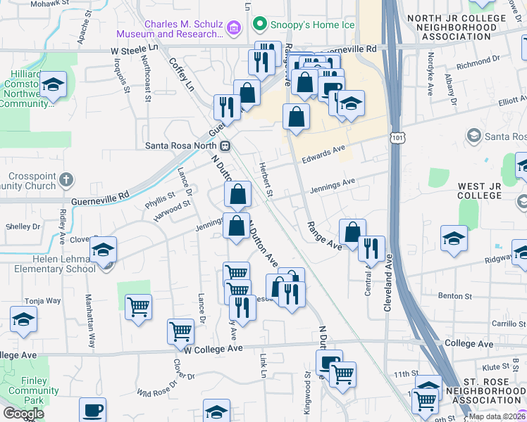 map of restaurants, bars, coffee shops, grocery stores, and more near 1101 Jennings Avenue in Santa Rosa