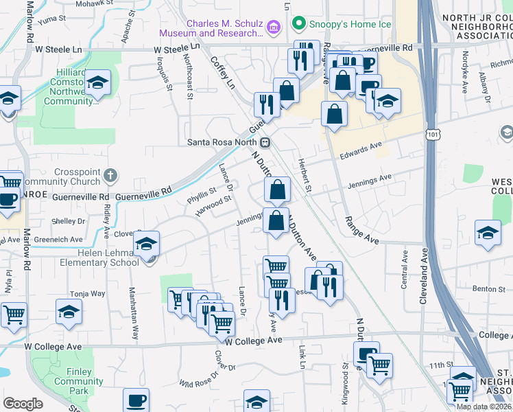 map of restaurants, bars, coffee shops, grocery stores, and more near 1163 Guaymas Street in Santa Rosa