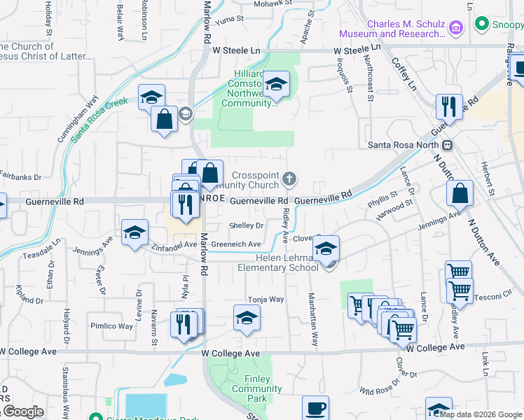 map of restaurants, bars, coffee shops, grocery stores, and more near 1676 Guerneville Road in Santa Rosa