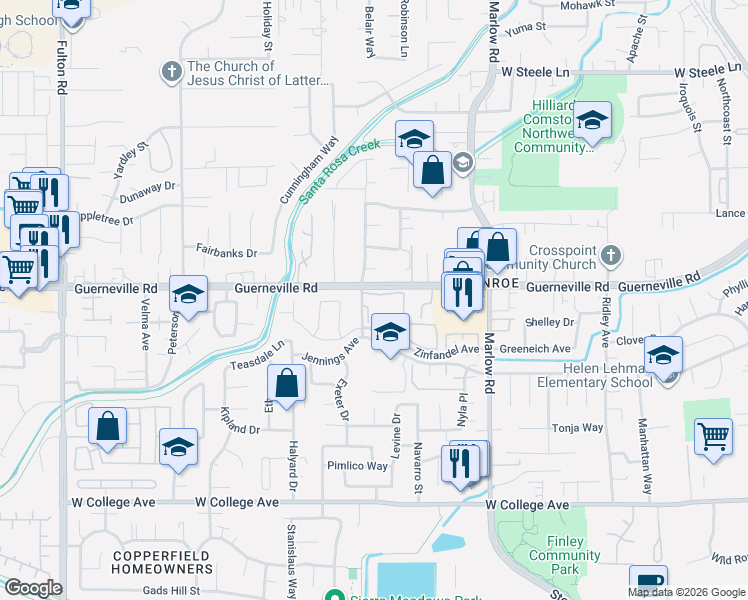 map of restaurants, bars, coffee shops, grocery stores, and more near 1589 Gamay Street in Santa Rosa
