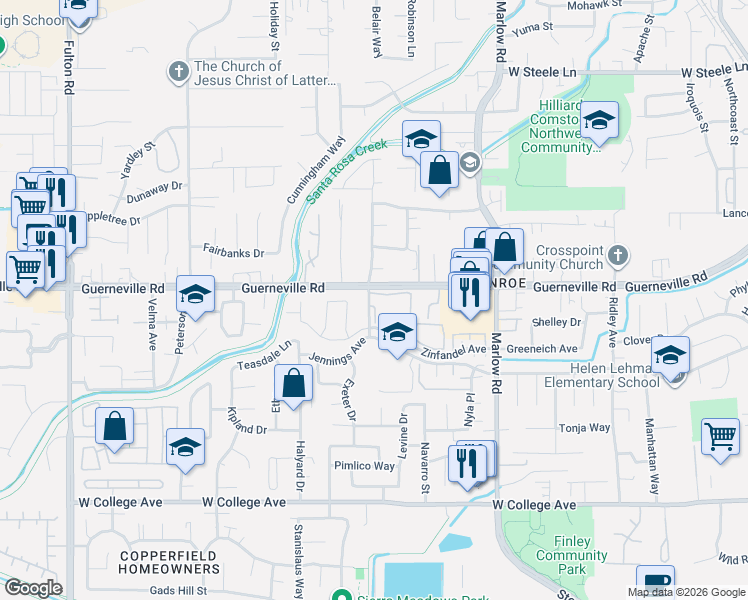 map of restaurants, bars, coffee shops, grocery stores, and more near 1589 Gamay Street in Santa Rosa