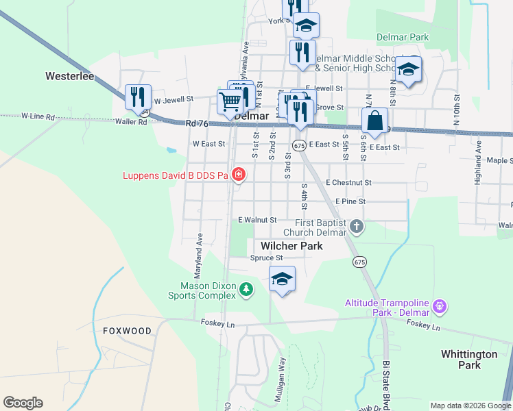 map of restaurants, bars, coffee shops, grocery stores, and more near 7 East Pine Street in Delmar