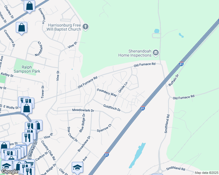 map of restaurants, bars, coffee shops, grocery stores, and more near 1133 Bluebird Court in Harrisonburg