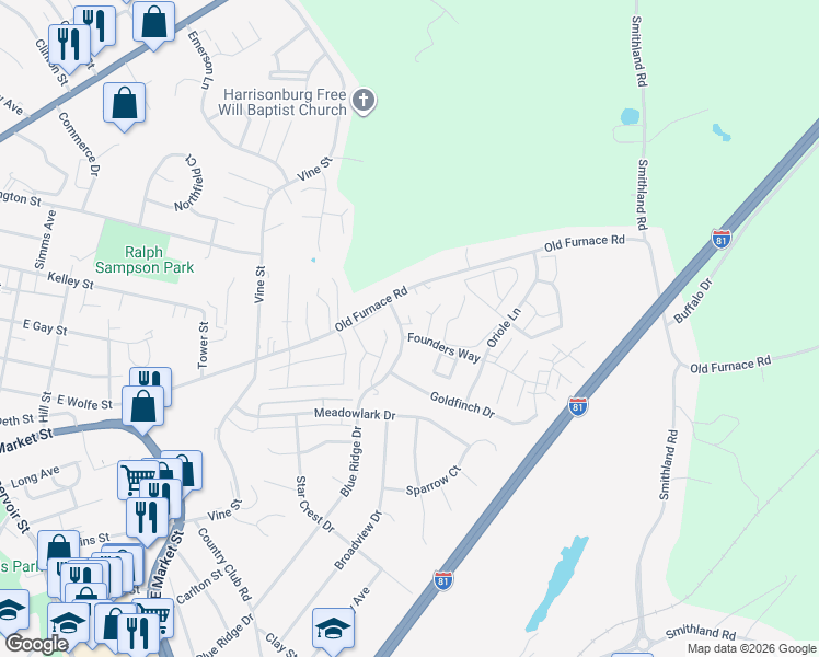 map of restaurants, bars, coffee shops, grocery stores, and more near 1121 Blue Ridge Drive in Harrisonburg