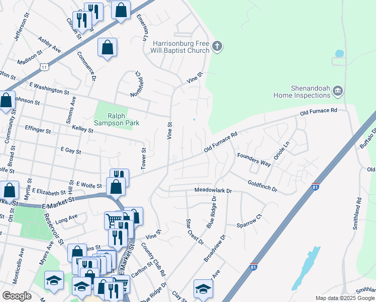 map of restaurants, bars, coffee shops, grocery stores, and more near 1060 Old Furnace Road in Harrisonburg