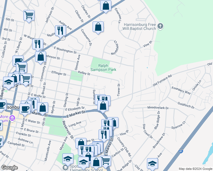 map of restaurants, bars, coffee shops, grocery stores, and more near 455 Kelley Street in Harrisonburg