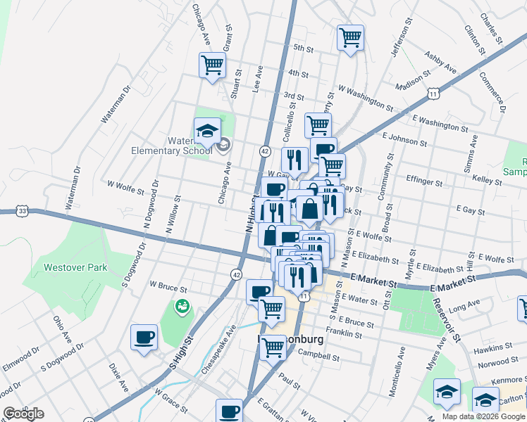 map of restaurants, bars, coffee shops, grocery stores, and more near 240 North High Street in Harrisonburg
