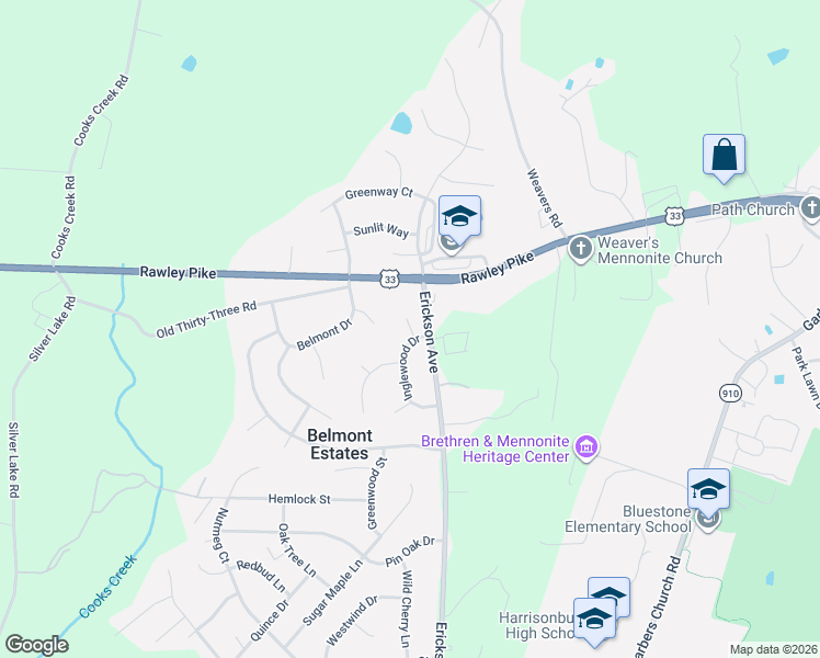 map of restaurants, bars, coffee shops, grocery stores, and more near 2945 Juniper Circle in Harrisonburg