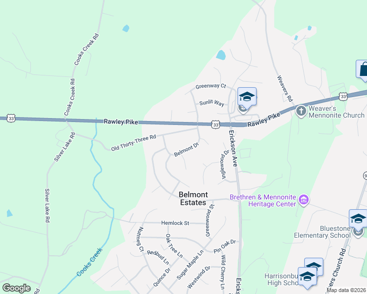 map of restaurants, bars, coffee shops, grocery stores, and more near 146 Belmont Drive in Harrisonburg