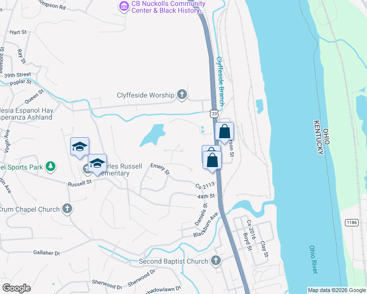 map of restaurants, bars, coffee shops, grocery stores, and more near Garden Court in Ashland