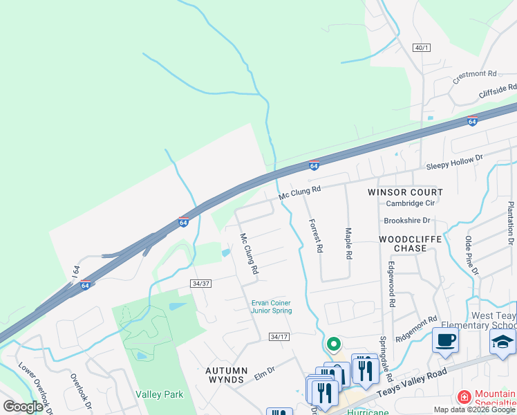 map of restaurants, bars, coffee shops, grocery stores, and more near 554-562 McClung Road in Hurricane