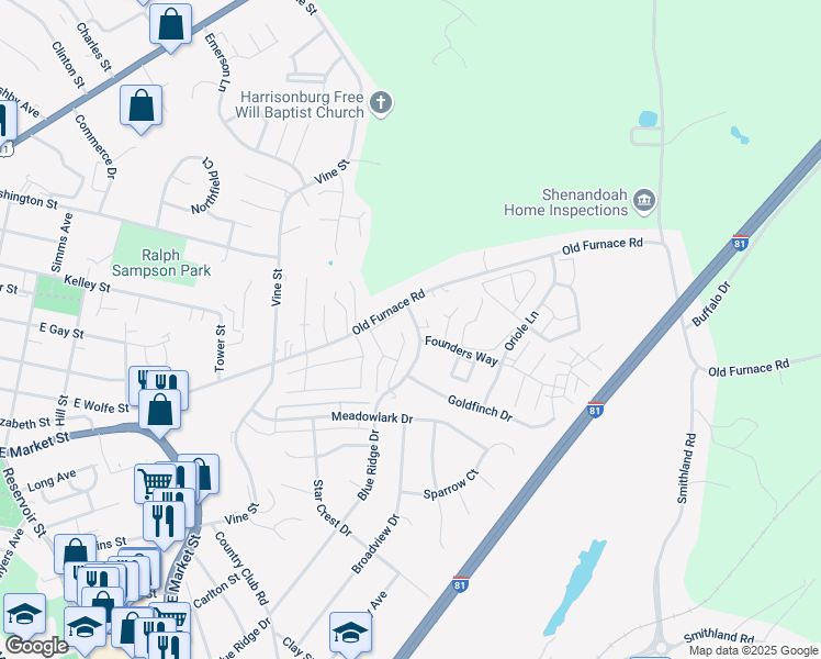 map of restaurants, bars, coffee shops, grocery stores, and more near 1116 Blue Ridge Drive in Harrisonburg