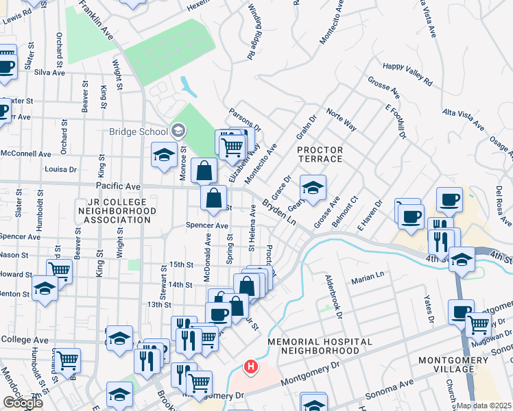 map of restaurants, bars, coffee shops, grocery stores, and more near 1234 Saint Helena Avenue in Santa Rosa