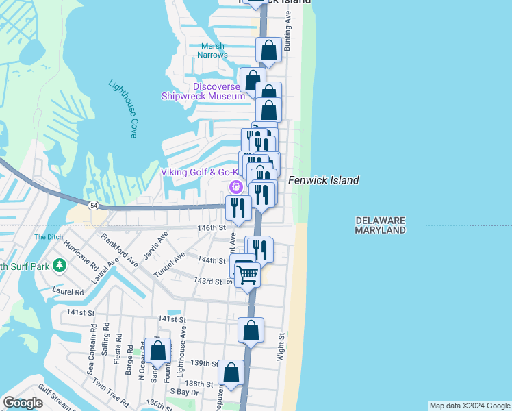 map of restaurants, bars, coffee shops, grocery stores, and more near Delaware 54 in Sussex County