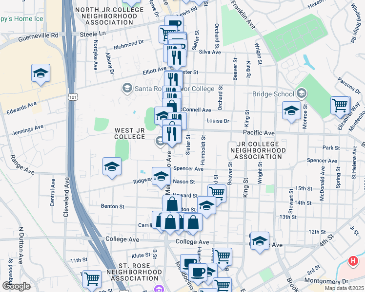 map of restaurants, bars, coffee shops, grocery stores, and more near 1250 Mendocino Avenue in Santa Rosa