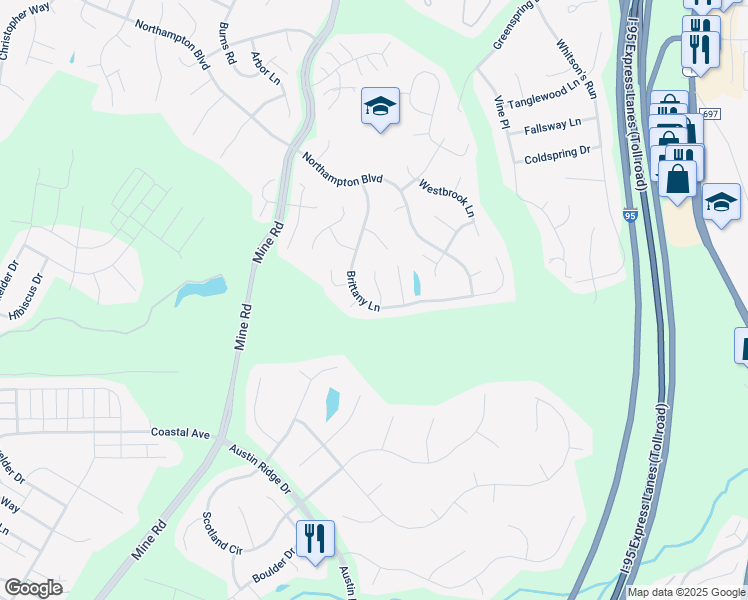 map of restaurants, bars, coffee shops, grocery stores, and more near 28 Brittany Lane in Stafford