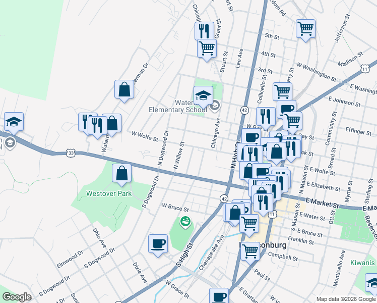 map of restaurants, bars, coffee shops, grocery stores, and more near 93 Shenandoah Avenue in Harrisonburg