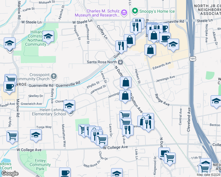 map of restaurants, bars, coffee shops, grocery stores, and more near 1526 Lance Drive in Santa Rosa