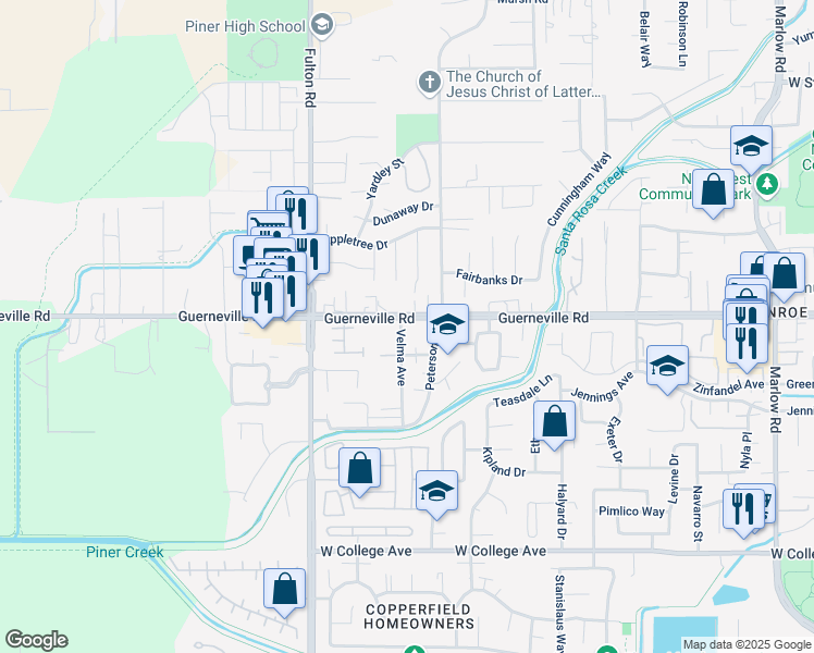 map of restaurants, bars, coffee shops, grocery stores, and more near 1450 Velma Avenue in Santa Rosa