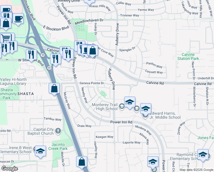 map of restaurants, bars, coffee shops, grocery stores, and more near 8280 Geneva Pointe Drive in Elk Grove