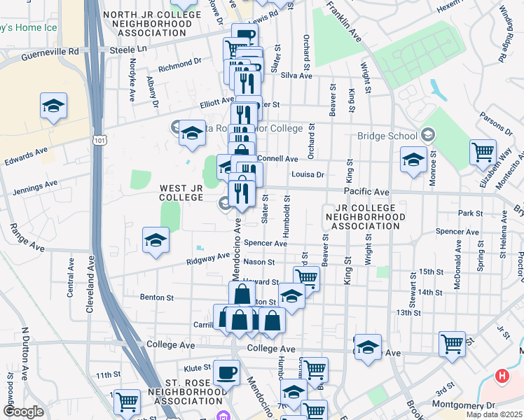 map of restaurants, bars, coffee shops, grocery stores, and more near 1135 Slater Street in Santa Rosa
