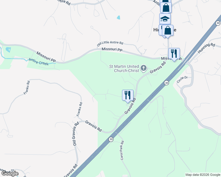 map of restaurants, bars, coffee shops, grocery stores, and more near 3200 Crosswinds Court in High Ridge